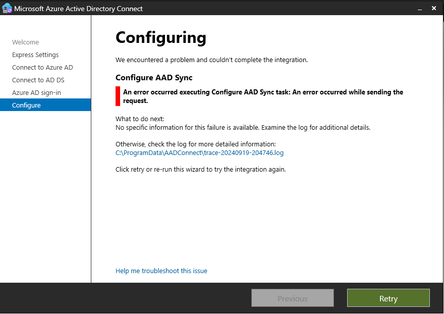 Screenshot of error message: An error occurred executing Configure AAD Sync task: An error occurred while sending the request.