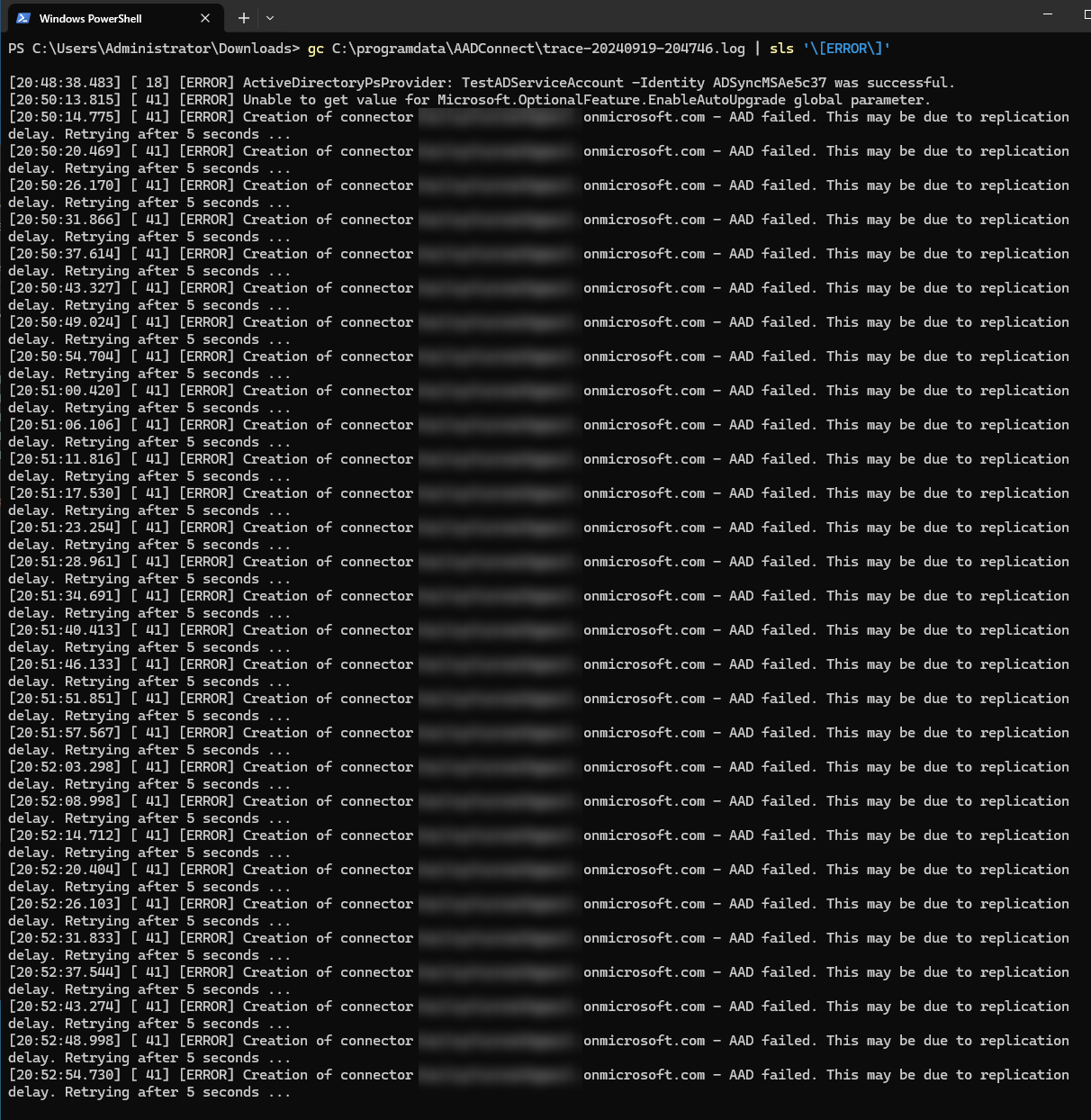 Screenshot of specific error lines from log file